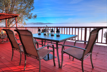 Dining Above the Clouds. Panoramic Landscape View From a Large Deck in Clearlake, California.
