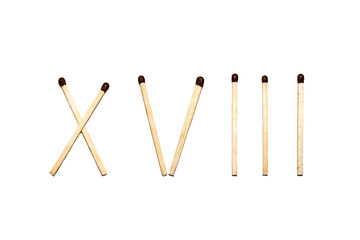 Roman number eighteen of matches, on a white isolated background