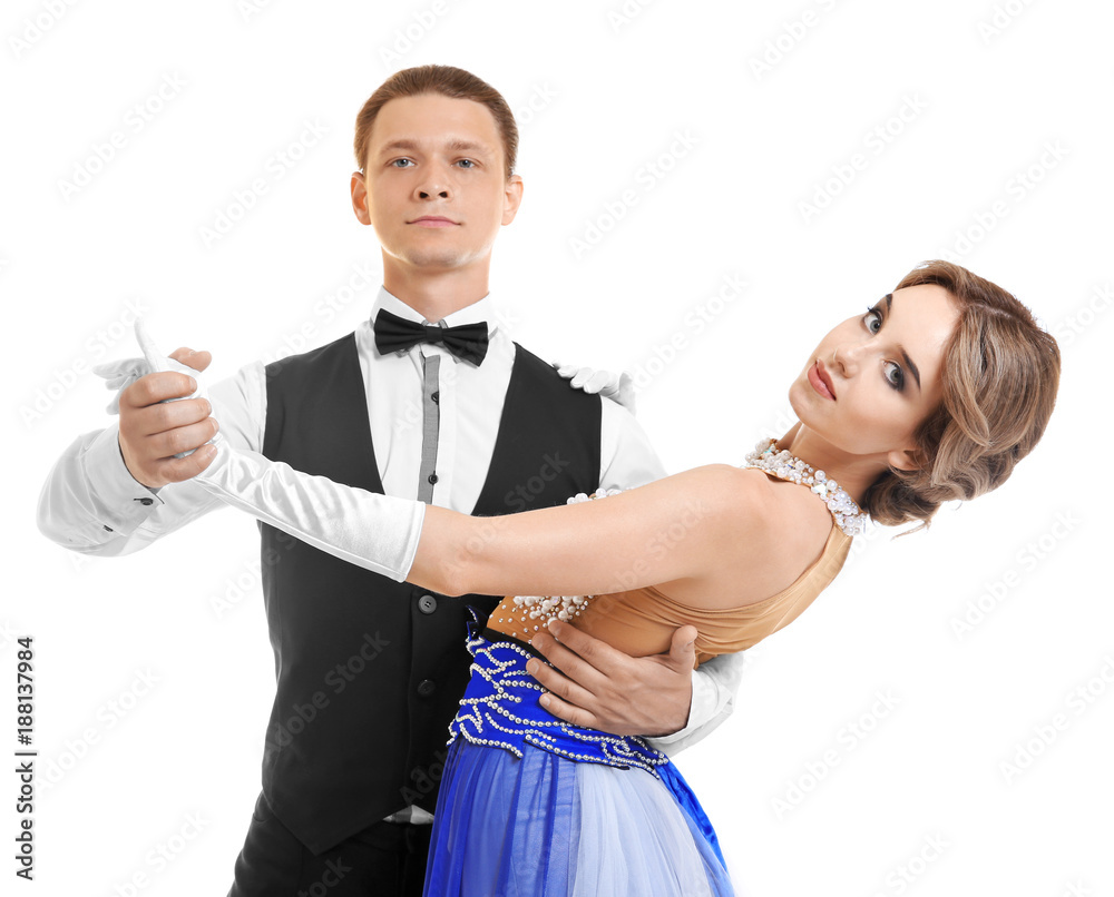 Wall mural couple of young dancers on white background