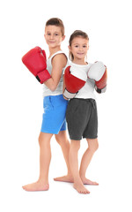 Cute little children in boxing gloves on white background