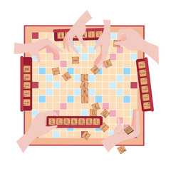 Board table wooden game for kids and adult. Making words from tile letters. Many hands with elements. Entertatinment for everybody. Toy for erudition. Vector illustration on white background