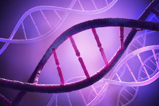 Close up view on spiral DNA molecules. 3D rendered illustration.