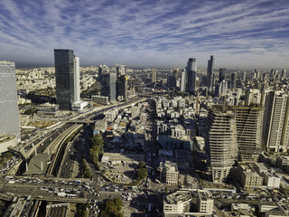 sky line of Tel Aviv towers and aerial Azrieli, sarona, israel
