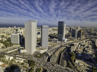 Naklejka na ściany i meble sky line of Tel Aviv towers and aerial Azrieli, sarona, israel