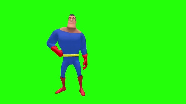 Happy humorous animated superhero strongman cartoon character in front of green screen performs sequence of conversational gestures multiple times