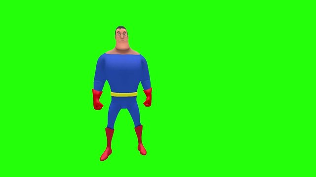 Happy funny animated superhero strongman cartoon character in front of green screen hits palm of left hand on face multiple times