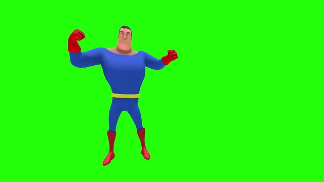Happy funny animated superhero strongman cartoon character in front of green screen does muscle flexing poses multiple times