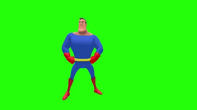 Happy funny animated superhero strongman cartoon character in front of green screen skrikes pose with hands on hips looking left then right multiple times