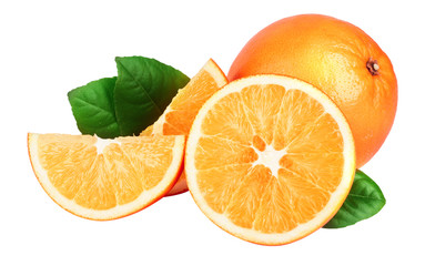 Orange with slice and leaf isolated on the white background