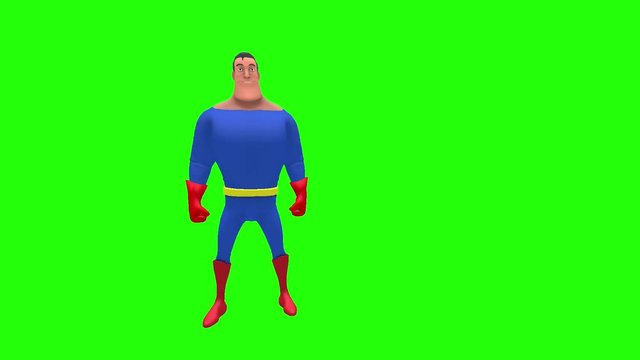 Happy animated superhero strongman cartoon character rolls left and right shoulders multiple times in front of green screen background