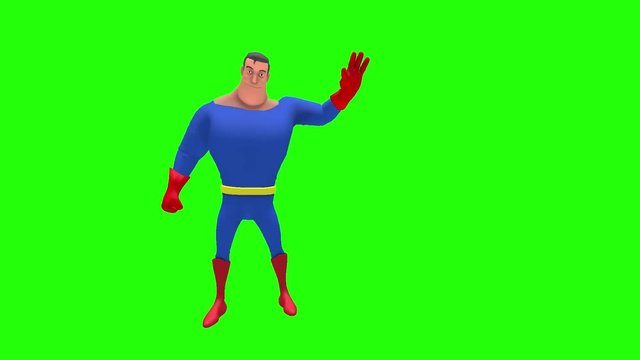 Happy animated superhero strongman cartoon character rubs back of head with left hand multiple times in front of green screen background
