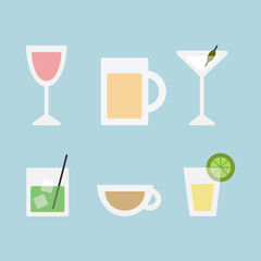Vector set of various drinks. Party cocktail, martini, beer, wine, lemonade and coffee or tea vector graphic illustrations, isolated on light blue background.