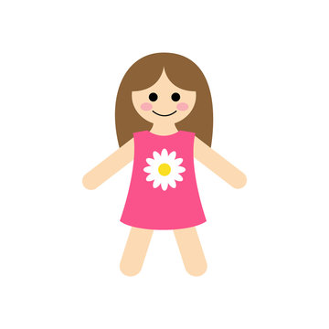 Cute baby rag doll vector illustration graphic. Girl's toy, happy doll in pink dress with daisy.