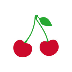 Cherry fruit vector illustration. Sweet cherries on green stalk with leaf. Cherries graphic print.