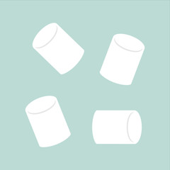 Cute simple marshmallow candy, vector illustration. White classic marshmallows isolated on blue-green background.