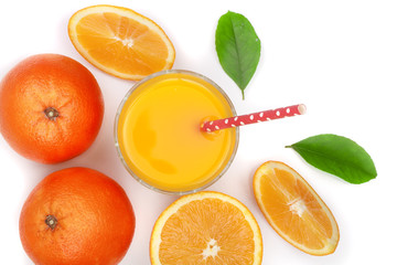 orange juice glass with slices of citrus and green leaves isolated on white background, top view. Flat lay pattern