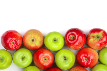red and green apples isolated on white background with copy space for your text, top view. Flat lay pattern