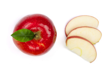 red apples with slices and leaves isolated on white background top view. Set or collection. Flat lay pattern