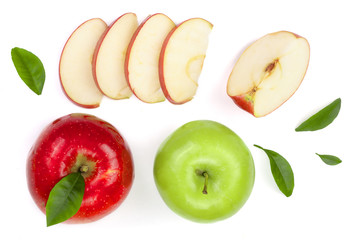 red and green apples with slices and leaves isolated on white background top view. Set or collection. Flat lay pattern