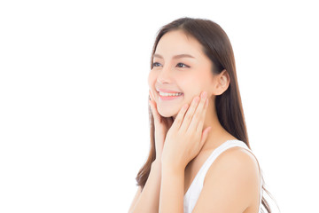 Fototapeta premium Portrait of beautiful asian woman makeup of cosmetic, girl hand touch cheek and smile attractive, face of beauty perfect with wellness isolated on white background with skin healthcare concept.