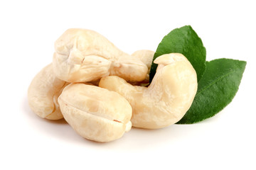 cashew nuts with leaf isolated on white background. macro