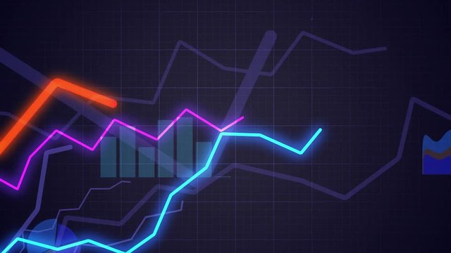 Statistics concept. Camera moves above growing financial charts and diagrams. Looping animation.