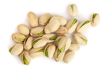 Pistachios isolated on white background, top view. Flat lay