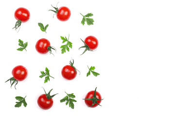 Cherry small tomatoes with parsley leaves isolated on white background with copy space for your text. Top view. Flat lay