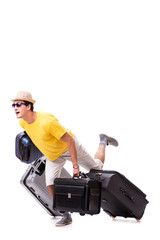 Happy young man going on summer vacation isolated on white