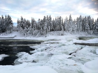 Storforsen, winter waterfall in Swedish Lapland
