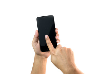 Male hand holding smartphone and touching on  screen, Isolated white background