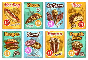 Fast food restaurant menu vector sketch posters - obrazy, fototapety, plakaty
