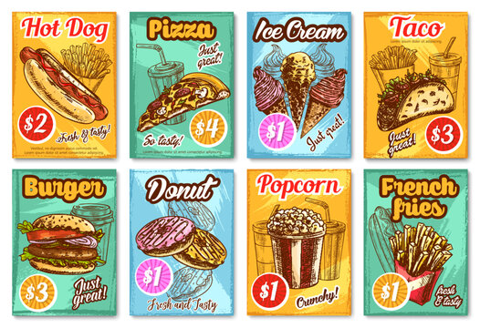 Fast food restaurant menu vector sketch posters