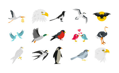 Birds icon set, flat style