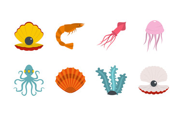 Sea creature icon set, flat style