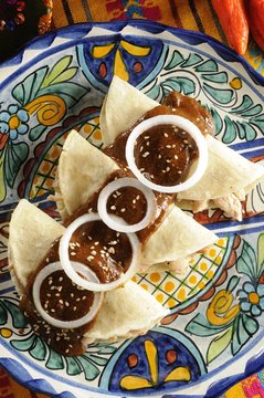 Corn tortillas stuffed with shredded chicken and battered with "mole" (pepper sauce)