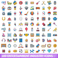 100 entertaiment industry icons set, cartoon style 