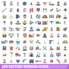 100 factory worker icons set, cartoon style 
