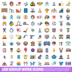100 group work icons set, cartoon style 