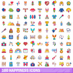 100 happiness icons set, cartoon style 