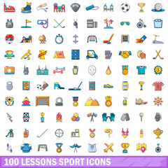 100 lessons sport icons set, cartoon style 