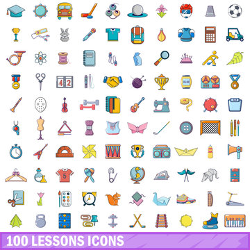 100 lessons icons set, cartoon style 