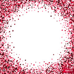 Stipple pattern for design. Colorful minimalistic geometric pattern with randomly located small hearts. Red heart glitter background. Gradually changing density backdrop with red and pink hearts