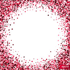 Obraz premium Stipple pattern for design. Colorful minimalistic geometric pattern with randomly located small hearts. Red heart glitter background. Gradually changing density backdrop with red and pink hearts