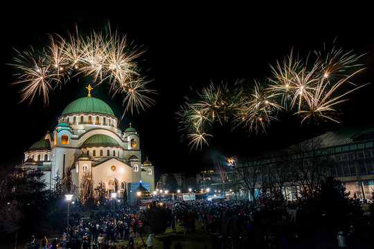 Belgrade, Serbia,Europe - January 14, 2018: Orthodox New Year's Eve celebration whit fireworks over the Church of Saint Sava at midnight in Belgrade, Serbia on January 14, 2018 