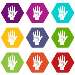 Parent and child hands together icon set color hexahedron