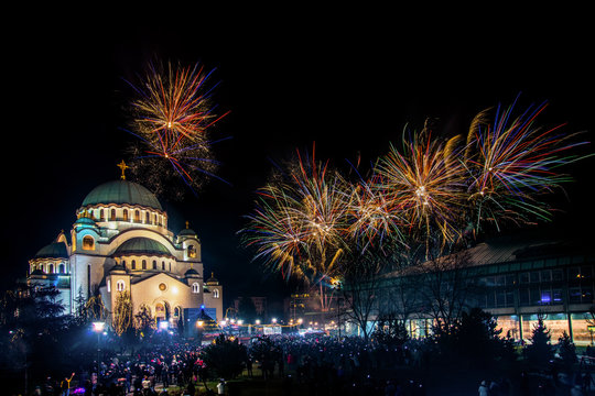 Belgrade, Serbia,Europe - January 14, 2018: Orthodox New Year's Eve celebration whit fireworks over the Church of Saint Sava at midnight in Belgrade, Serbia on January 14, 2018  - Powered by Adobe