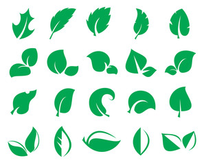 Leaf icons. Collection of 20 green symbols of leaves isolated on a white background. Vector illustration