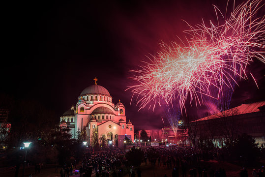 Belgrade, Serbia,Europe - January 14, 2018: Orthodox New Year's Eve celebration whit fireworks over the Church of Saint Sava at midnight in Belgrade, Serbia on January 14, 2018 
