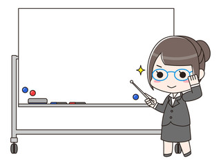 ホワイトボードの前に立つ得意気な女性　小物あり　